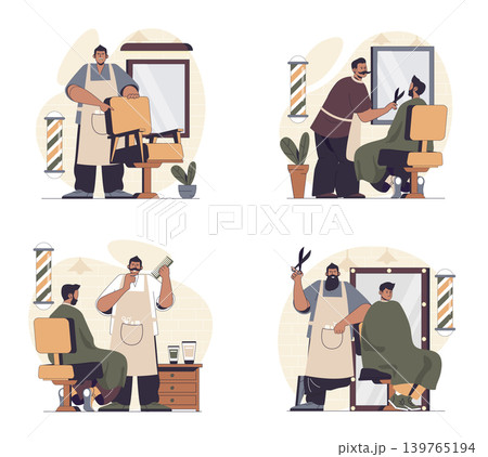 Barbershop concept scenes set in flat web design. People in situations of getting haircut and hairstyle, hairdressers shaving beard and mustaches, doing client care treatment. Vector illustrations. 139765194