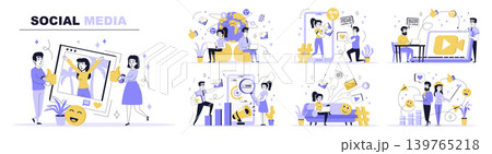 Social media concept set in flat web design. Collection with people make ne posts with photo or video content, likes, sharing links with friends. Flat vector illustration isolated on white background. 139765218