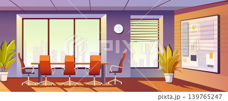 Conference room interior background banner for game design. Meeting boardroom with desk and chairs, presentation board, bis windows. Office for coworking and brainstorming. Vector cartoon illustration 139765247