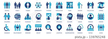 People icon set in flat duotone solid icons web design. Pack pictograms with family, human, community, friends, population, team, senior, collective, children, diversity, other. Vector illustration. 139765248