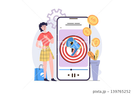 Video marketing concept in modern flat design for web. Woman creating trendy video content to target audience, doing success internet promotion and earning financial profit. Vector illustration. 139765252