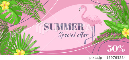 Summer horizontal sale banner. Shopping promotion poster template with green lush silhouettes of tropical palms foliage and monstera leaves, jungle leaflets and pink flamingo. Vector illustration. Summer horizontal sale banner. Shopping promotion poster template with green lush silhouettes of tropical palms foliage and monstera leaves, jungle leaflets and pink flamingo. Vector illustration. 139765284