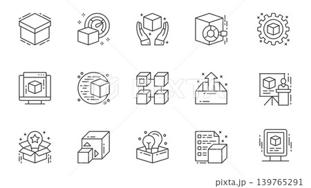 Product launch icons set in outline stroke design for web. Pack line pictograms with box, research, process, production, component, brand promotion, module, presentation, other. Vector illustration. 139765291