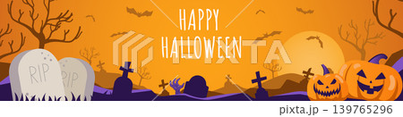 Happy Halloween banner design. Party invitation orange template with cemetery, tombstones and crosses, flying spooky bats, creepy pumpkins, huge moon, zombie, tree branches. Vector illustration. Happy Halloween banner design. Party invitation orange template with cemetery, tombstones and crosses, flying spooky bats, creepy pumpkins, huge moon, zombie, tree branches. Vector illustration. 139765296