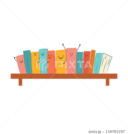 Books on shelf in flat design. Cute characters with emotional faces. Vector illustration isolated. Books on shelf in flat design. Cute characters with emotional faces. Vector illustration isolated. 139765297