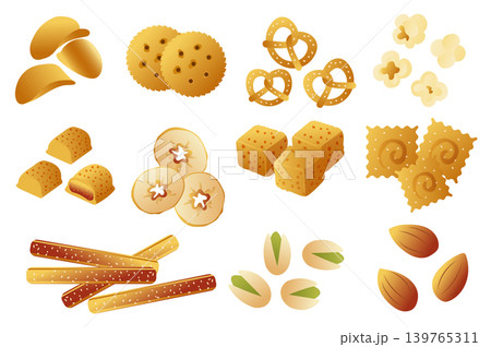 Salty snacks set in flat cartoon graphic design. Collection isolated elements of potato chips, crackers, popcorn, crunchy croutons, baked sticks, pistachios and almonds other. Vector illustration. Salty snacks set in flat cartoon graphic design. Collection isolated elements of potato chips, crackers, popcorn, crunchy croutons, baked sticks, pistachios and almonds other. Vector illustration. 139765311