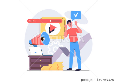 Video marketing concept in modern flat design for web. Man creating advertising video content, posting in online blog, making audience analytics with arrow growth statistics. Vector illustration. 139765320