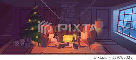 Christmas living room background for banner design. Empty room interior with warm fireplace, armchairs with pillows, festive trees and gift boxes, window with winter view. Vector cartoon illustration Christmas living room background for banner design. Empty room interior with warm fireplace, armchairs with pillows, festive trees and gift boxes, window with winter view. Vector cartoon illustration 139765323