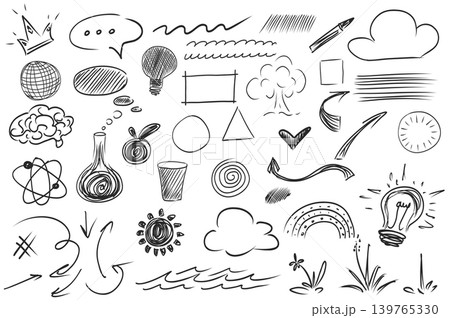 Scribble hand drawn mega set elements in flat graphic design. Collection objects of doodle speech bubble, wavy line, lightbulb, tree, shapes, brain, test tube, atom, apple, other. Vector illustration. 139765330