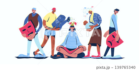Mental health concept in cartoon web design. People taking care emotions and feelings, healing depression and anxiety problem with psychotherapy. Flat vector illustration isolated on white background. 139765340