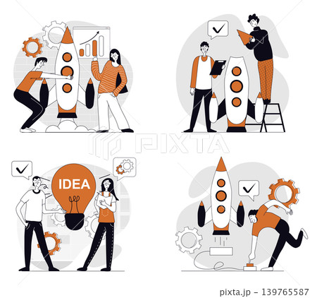 Business startup concept set in flat design for web. Collection with people working in team, brainstorming and planning process, launching new project, attracting investments. Vector illustrations. Business startup concept set in flat design for web. Collection with people working in team, brainstorming and planning process, launching new project, attracting investments. Vector illustrations. 139765587