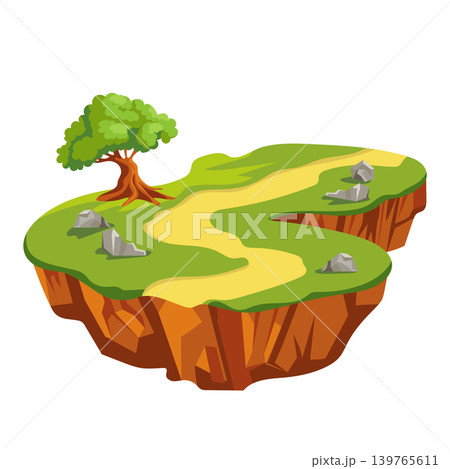 Flying ground island in flat design. Level platform with tree, stones and way. Vector illustration isolated. 139765611