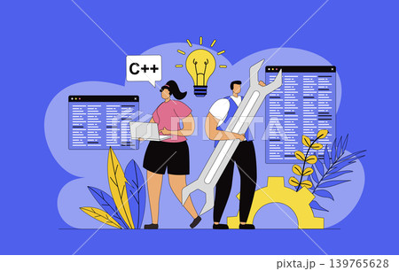 Developers team concept with modern flat design for web. Man and woman developing application site interface, programming and coding at screens, engineering and brainstorming. Vector illustration. Developers team concept with modern flat design for web. Man and woman developing application site interface, programming and coding at screens, engineering and brainstorming. Vector illustration. 139765628