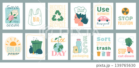 Ecology cover typography template for posters, prints. Minimalistic banners set with save ocean, recycling, think green, alternative transport, stop pollution, solar power, other. Vector illustration. 139765630