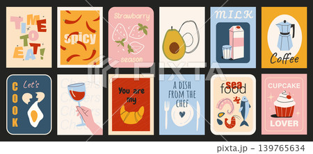 Food typography template posters. Menu covers with spicy pepper, strawberry, avocado, milk, drink, coffee, breakfast, wine, other. Social media banners set in retro 90s design. Vector illustration. Food typography template posters. Menu covers with spicy pepper, strawberry, avocado, milk, drink, coffee, breakfast, wine, other. Social media banners set in retro 90s design. Vector illustration. 139765634