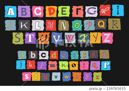 Cut out ransom letters alphabet set in flat graphic design. Collection elements of colourful typeset for criminal anonymous messages, english typography cutting from newspapers. Vector illustration. Cut out ransom letters alphabet set in flat graphic design. Collection elements of colourful typeset for criminal anonymous messages, english typography cutting from newspapers. Vector illustration. 139765635