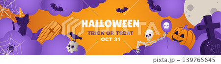 Happy Halloween banner design. Party invitation template with purple clouds, moon, pumpkin, skeleton, raven on skull, black cat, spiders on web, bats, tombstone cross, coffin. Vector illustration. 139765645