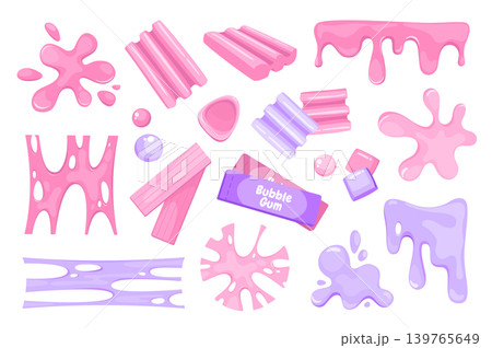 Bubble gum splashes mega set elements in flat graphic design. Bundle objects of pink and purple chewy sweet candies, jelly stains, slimy stripes, gummy and sticky stretchy forms. Vector illustration. Bubble gum splashes mega set elements in flat graphic design. Bundle objects of pink and purple chewy sweet candies, jelly stains, slimy stripes, gummy and sticky stretchy forms. Vector illustration. 139765649