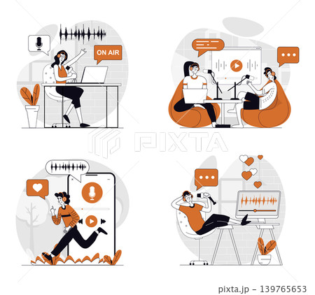 Podcast streaming concept set in flat design for web. Collection with people in headphones broadcasting and recording talks in studio, creating audio content, followers listen. Vector illustrations. Podcast streaming concept set in flat design for web. Collection with people in headphones broadcasting and recording talks in studio, creating audio content, followers listen. Vector illustrations. 139765653