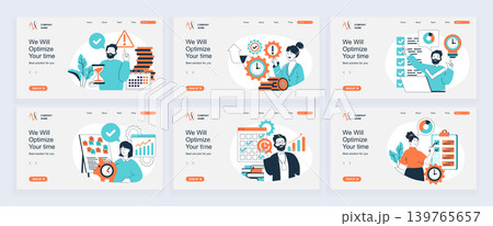 Time management concept of landing page with slide templates set in flat design. Website headers with people managing daily schedule, planning tasks in checklists to deadline. Vector illustrations. Time management concept of landing page with slide templates set in flat design. Website headers with people managing daily schedule, planning tasks in checklists to deadline. Vector illustrations. 139765657
