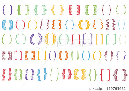 Shaded text brackets mega set elements in flat graphic design. Bundle objects of colorful scribble parenthesis, calligraphic quote frames with ornaments, doodle lettering frames. Vector illustration. 139765682