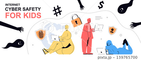 Internet cyber safety for kids concept in flat cartoon design for web banner. People take care about children and protecting online privacy, using parental control software. Vector illustration. 139765700