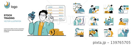 Stock trading concept with character situations mega set in flat web design. Bundle of scenes people making exchange market research, investing money with financial strategy. Vector illustrations. 139765705