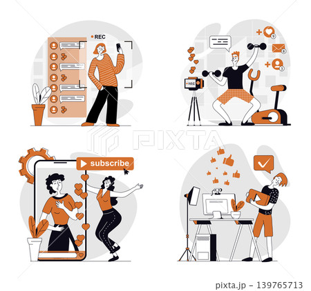 Video blogging concept set in flat design for web. Collection with people recording new videos in fitness blog and other, making live translation, communicating with followers. Vector illustrations. Video blogging concept set in flat design for web. Collection with people recording new videos in fitness blog and other, making live translation, communicating with followers. Vector illustrations. 139765713