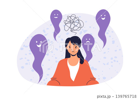 Mental health problem web concept with flat cartoon people for website design. Woman feeling worried thoughts and frustration, upset and sad mind, needing psychotherapy therapy. Vector illustration. 139765718