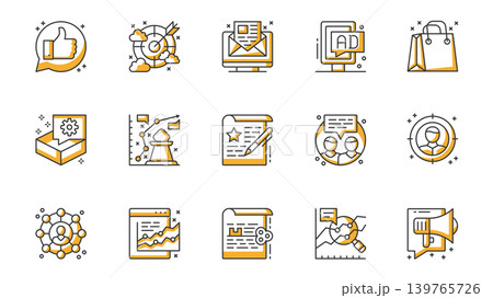 Marketing icons set in outline stroke design for web. Pack line pictograms with like feedback, target, email, advertisement, shopping, strategy, communication, megaphone, other. Vector illustration. 139765726