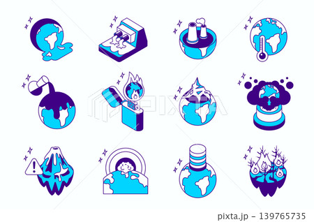Global warming and pollution concept 3d isometric icons set for web isometry design. Collection elements of planet heat, toxic pollution, climate change, ecology disaster, more. Vector illustration. Global warming and pollution concept 3d isometric icons set for web isometry design. Collection elements of planet heat, toxic pollution, climate change, ecology disaster, more. Vector illustration. 139765735