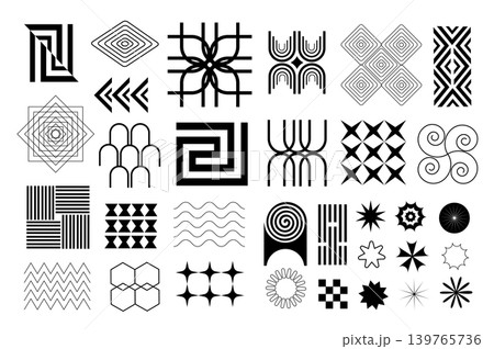 Brutalist geometric shapes set in flat graphic design. Collection isolated elements of abstract black silhouettes with spotted and striped figures, stars, flowers, waves, other. Vector illustration. Brutalist geometric shapes set in flat graphic design. Collection isolated elements of abstract black silhouettes with spotted and striped figures, stars, flowers, waves, other. Vector illustration. 139765736