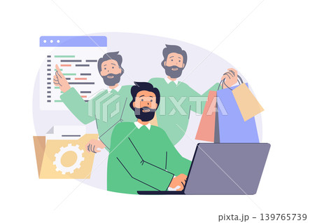 Multitasking web concept with flat cartoon people for website design. Man doing work tasks and organisation routines in office, coding at laptop, doing paperwork, shopping online. Vector illustration. 139765739