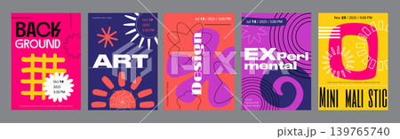 Minimalism geometric poster cover set. A4 banners with brutalism elements, line striped grids, simple stars, flowers, spiral curve waves. Modernism art design with Y2K aesthetics. Vector illustration. Minimalism geometric poster cover set. A4 banners with brutalism elements, line striped grids, simple stars, flowers, spiral curve waves. Modernism art design with Y2K aesthetics. Vector illustration. 139765740