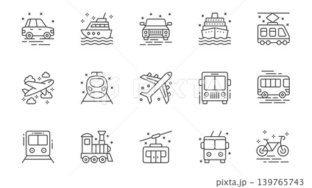 Transport mean icons set in outline stroke design for web. Pack line pictograms with car, ship, automobile, tram, aeroplane, train, bus, cable car, bicycle, cargo vehicle, other. Vector illustration. Transport mean icons set in outline stroke design for web. Pack line pictograms with car, ship, automobile, tram, aeroplane, train, bus, cable car, bicycle, cargo vehicle, other. Vector illustration. 139765743