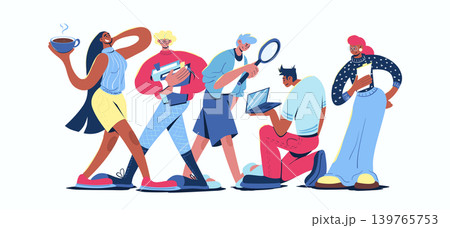 Time management concept in cartoon web design. People working in team with checklist, doing paperwork and tasks at laptop, taking coffee break. Flat vector illustration isolated on white background. Time management concept in cartoon web design. People working in team with checklist, doing paperwork and tasks at laptop, taking coffee break. Flat vector illustration isolated on white background. 139765753