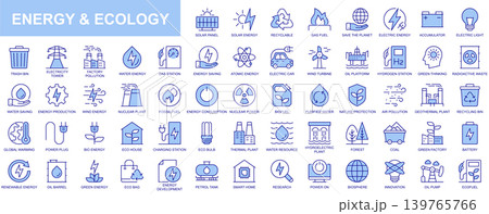 Energy and ecology web icons set in duotone outline stroke design. Pack pictograms with solar panel, recyclable, gas fuel, save planet, accumulator, electric light, nuclear power. Vector illustration. 139765766