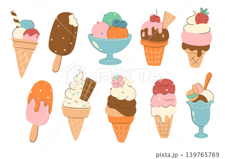 Ice cream set in flat graphic design. Collection isolated elements of different cold desserts with scoop balls, waffle cones, berries, gelato, popsicle, sorbet, sundae and other. Vector illustration. Ice cream set in flat graphic design. Collection isolated elements of different cold desserts with scoop balls, waffle cones, berries, gelato, popsicle, sorbet, sundae and other. Vector illustration. 139765769