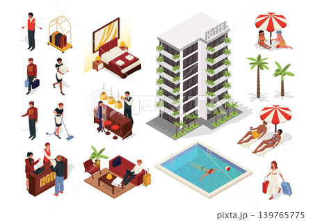 Hotel service 3d isometric mega set in flat design. Collection isometry elements of building, apartment rooms, bedroom, reception desk, pool, administrator, maid, client, other. Vector illustration. Hotel service 3d isometric mega set in flat design. Collection isometry elements of building, apartment rooms, bedroom, reception desk, pool, administrator, maid, client, other. Vector illustration. 139765775