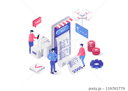 Electronic receipt 3d isometric concept in geometry graphic design for web. People making purchases or ordering services, receiving digital form of invoice for checkout in app. Vector illustration. 139765779