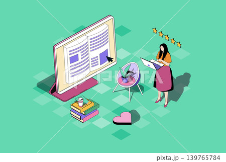 Online reading web concept in 3d isometric graphic design. Isometry people scene with woman reading e-book or textbook at laptop, buying electronic literature at online bookstore. Vector illustration. Online reading web concept in 3d isometric graphic design. Isometry people scene with woman reading e-book or textbook at laptop, buying electronic literature at online bookstore. Vector illustration. 139765784