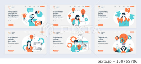 Creative business concept of landing page with slide templates set in flat design. Website headers with people thinking, finding best solutions, brainstorming, develop company. Vector illustrations. 139765786