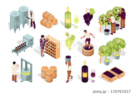 Winery 3d isometric mega set in flat design. Collection isometry elements of wine bottles, wineglass, grape crop, production, manufacture process, beverage producer, vine, other. Vector illustration. 139765837