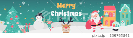 Merry Christmas banner design. Xmas party invitation template with winter snow city with cute houses, festive fir trees with toys, Santa Claus with bag, snowman, elf, reindeer. Vector illustration. Merry Christmas banner design. Xmas party invitation template with winter snow city with cute houses, festive fir trees with toys, Santa Claus with bag, snowman, elf, reindeer. Vector illustration. 139765841