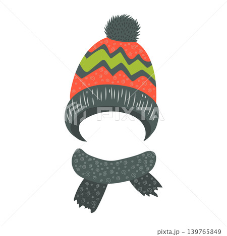 Children knit hat in flat design. Ornate beanie with pom-pom and scarf. Vector illustration isolated. 139765849