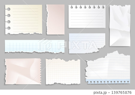 Ripped paper strips set elements in flat graphic design. Bundle objects of torn white notebook pages, lined or chequered note sheets with torn edges, crumpled blank message notes. Vector illustration. Ripped paper strips set elements in flat graphic design. Bundle objects of torn white notebook pages, lined or chequered note sheets with torn edges, crumpled blank message notes. Vector illustration. 139765876
