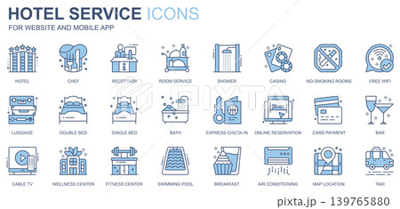 Hotel service web icons set in duotone line design. Pack of chef, reception, room, shower, casino, no smoking, free wifi, double bed, checkin, other outline stroke pictograms. Vector illustration 139765880
