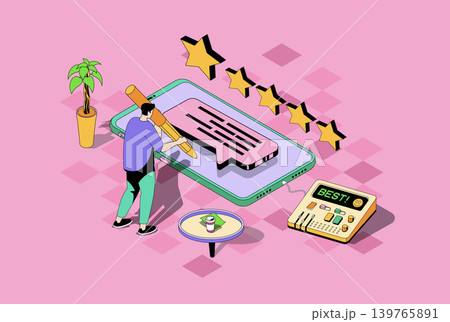 Best feedback web concept in 3d isometric graphic design. Isometry people scene with man customer leaving reviews and comments, evaluating service, give rating with five stars. Vector illustration. Best feedback web concept in 3d isometric graphic design. Isometry people scene with man customer leaving reviews and comments, evaluating service, give rating with five stars. Vector illustration. 139765891