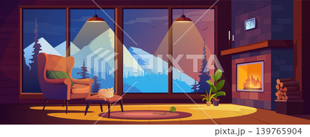 Fireplace room interior at chalet house at night background banner for game design. Cosy living room with chair, cat on couch, warm lights, huge window with mountains view. Vector cartoon illustration Fireplace room interior at chalet house at night background banner for game design. Cosy living room with chair, cat on couch, warm lights, huge window with mountains view. Vector cartoon illustration 139765904
