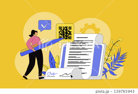 Electronic contract concept with modern flat design for web. Businesswoman signing electronic agreements with digital signature, making business deal online with certificates. Vector illustration. 139765943